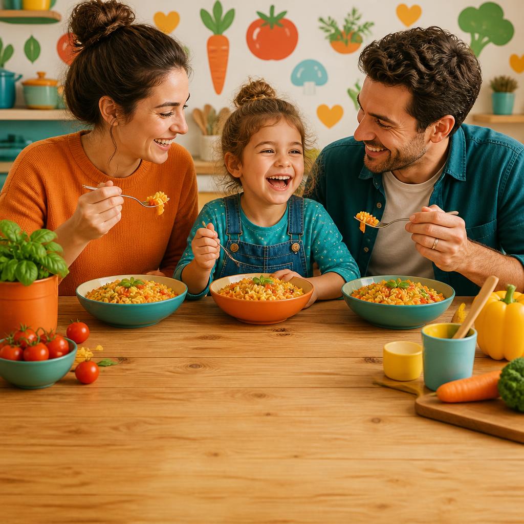 A family happily eating a colorful meal together in a playful kitchen