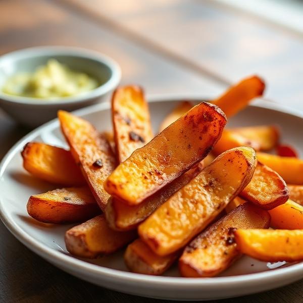 Crispy golden sweet potato wedges on a ceramic plate