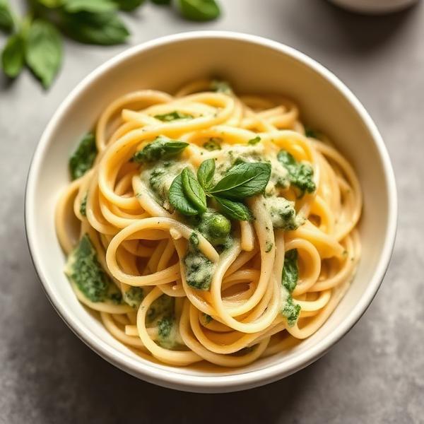 Pasta with creamy green spinach sauce in a white bowl