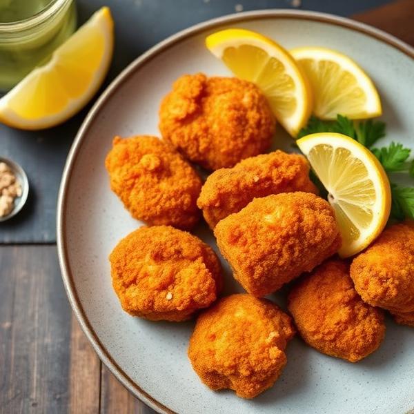 Small crispy chicken schnitzel pieces with lemon wedges